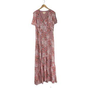 Anthropologie If By Sea Pink Floral Flutter Sleeve Lined Maxi Dress Back Tie M